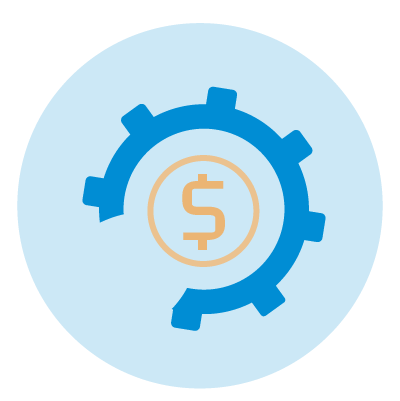 En illustration der viser tandhjul med et symbol for penge i midten. 